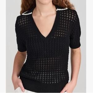 Varley Monte V-Neck Knit Polo Top Black White Contrast Collar Open Knit  XL